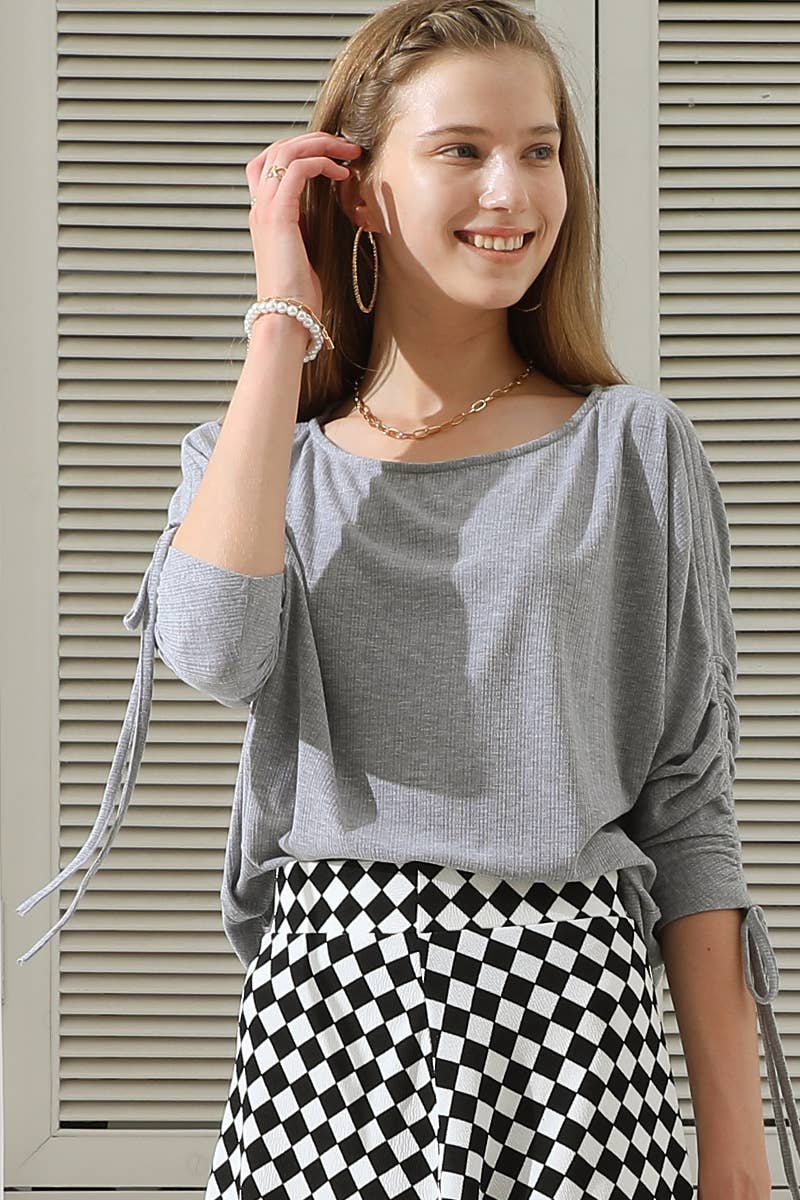 CWTTS680_Casual Ruched 3/4 Sleeve Round Neck Loose Fit Tops