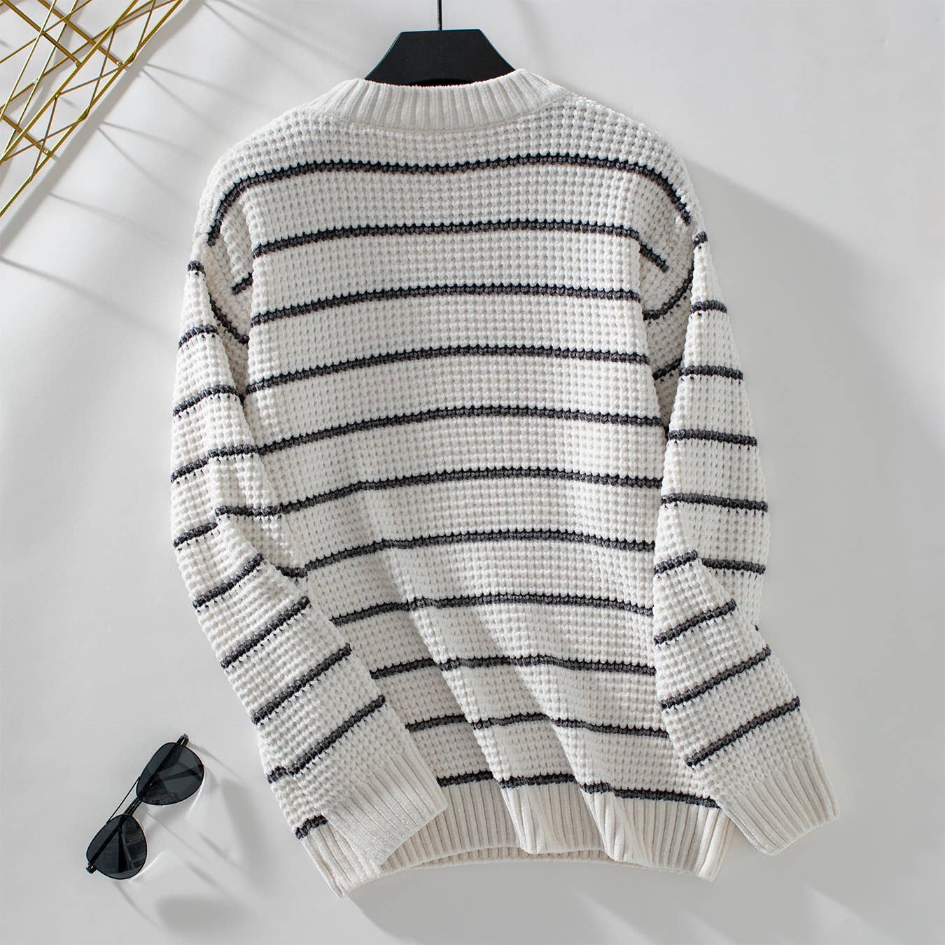 CHENILLE STRIPED CREW NECK PULLOVER SWEATER