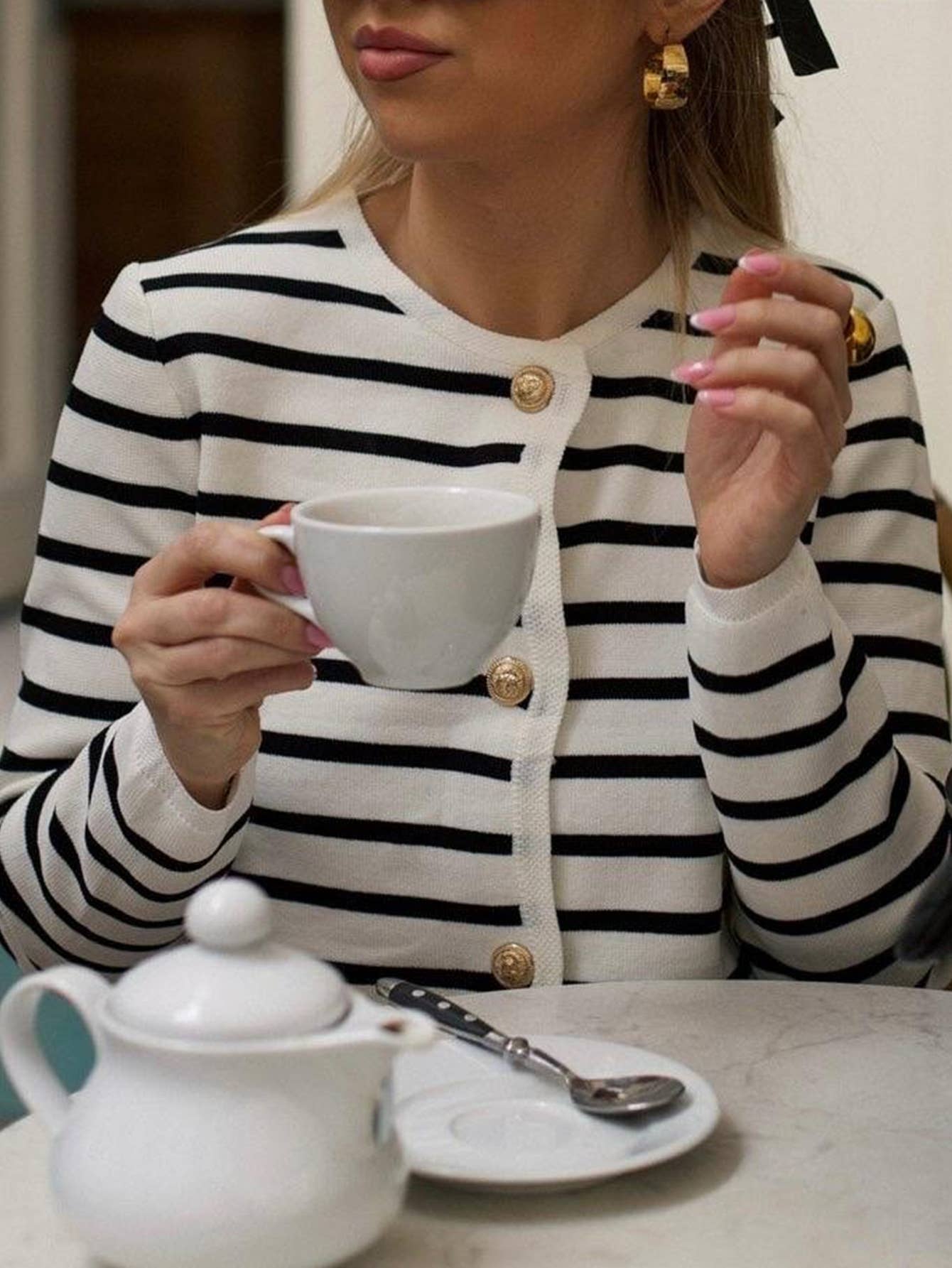 BLACK AND WHITE STRIPED SOFT WAXY CARDIGAN COAT