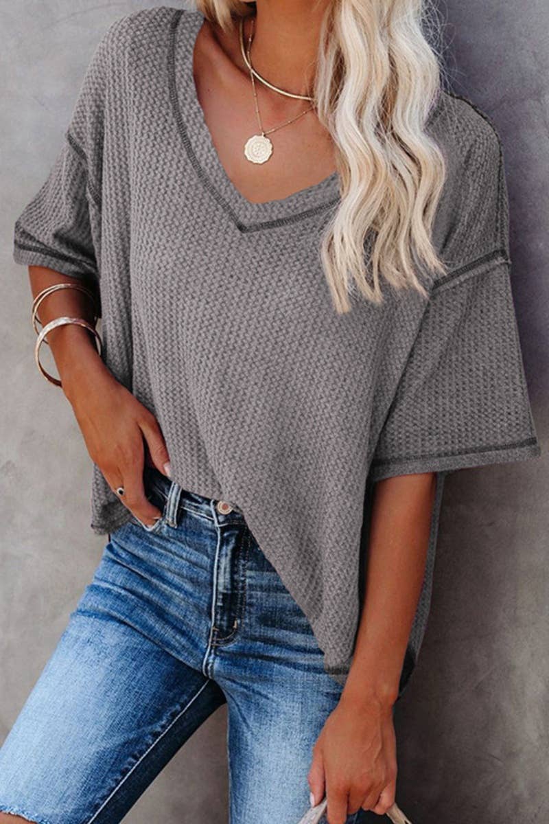 CWOSWS0099_KNIT V-NECK BAT-SLEEVED LOOSE MID-SLEEVED TOP