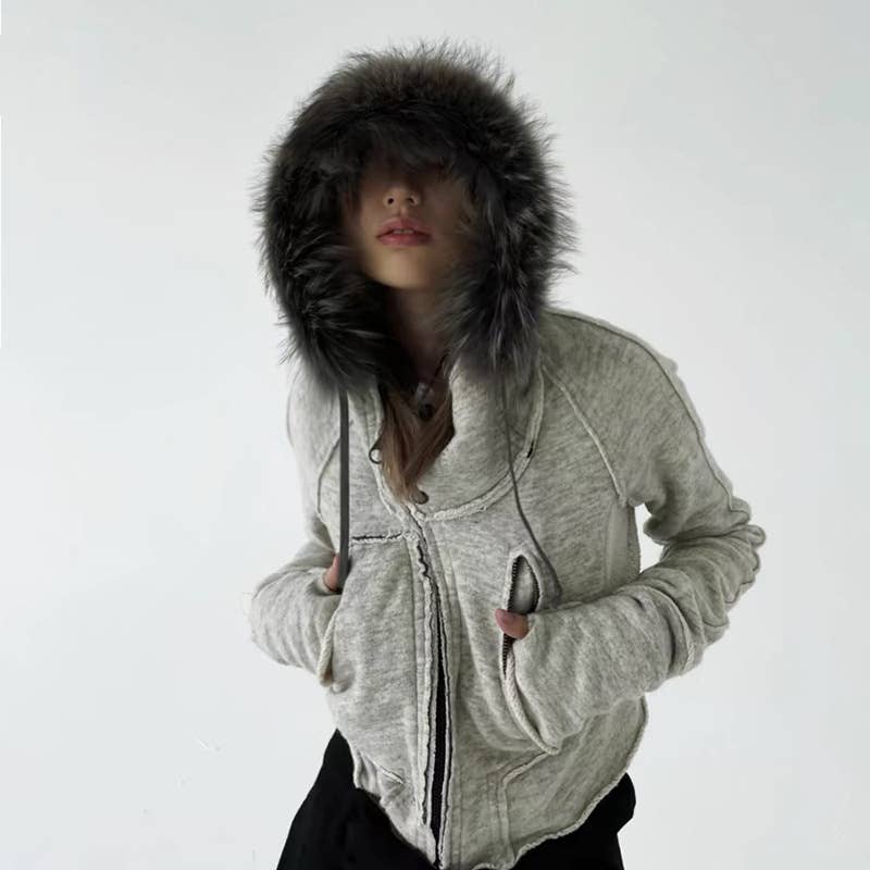 DESIGN SENSE ASYMMETRICAL FURRY HOODED ZIP COAT_CWOCO0984