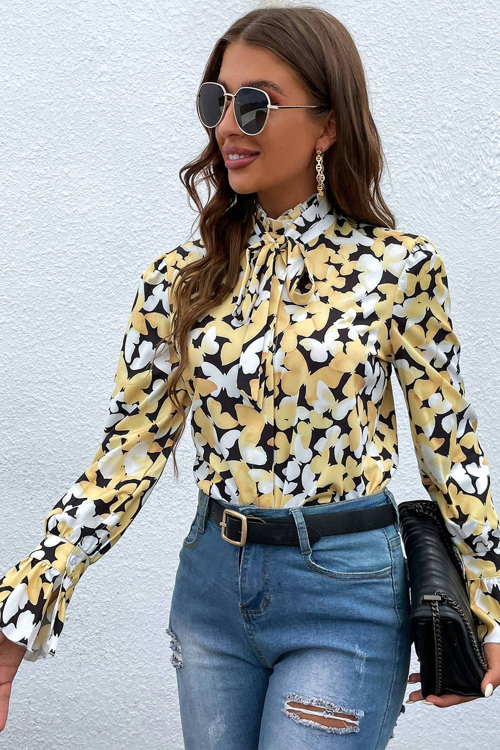 Butterfly print stand-up collar lace-up shirt