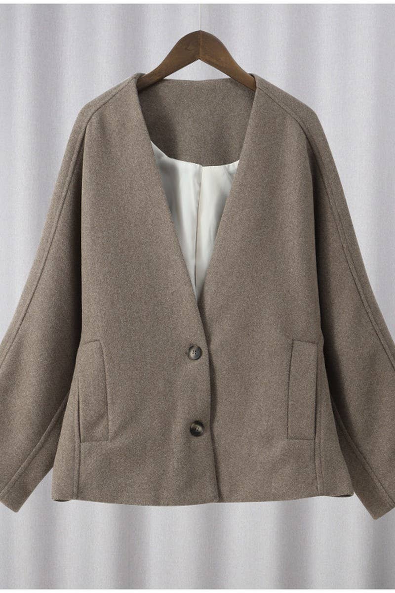 CWOCO0964_V-NECK SINGLE-BREASTED LOOSE SHORT COAT