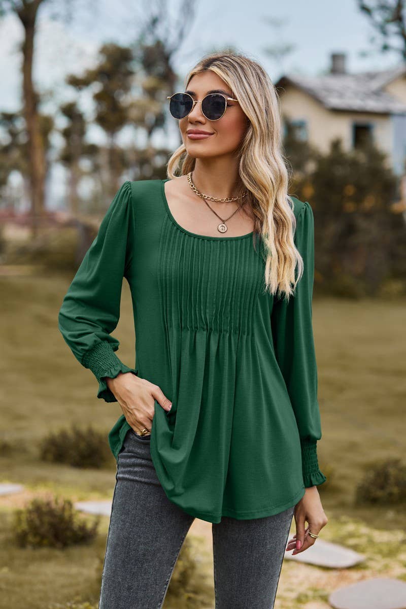 CWTBLL3687_NEW AUTUMN SOLID COLOR ROUND NECK DRAW CUFFS TOP