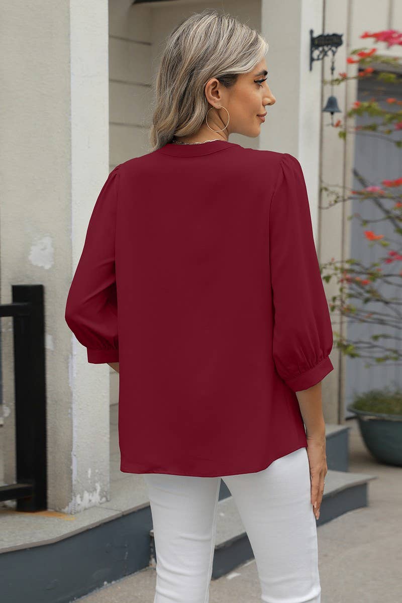 CWTBLL3673_KEYHOLE V NECK 3/4 SLEEVE LOOSE CHIFFON TOP