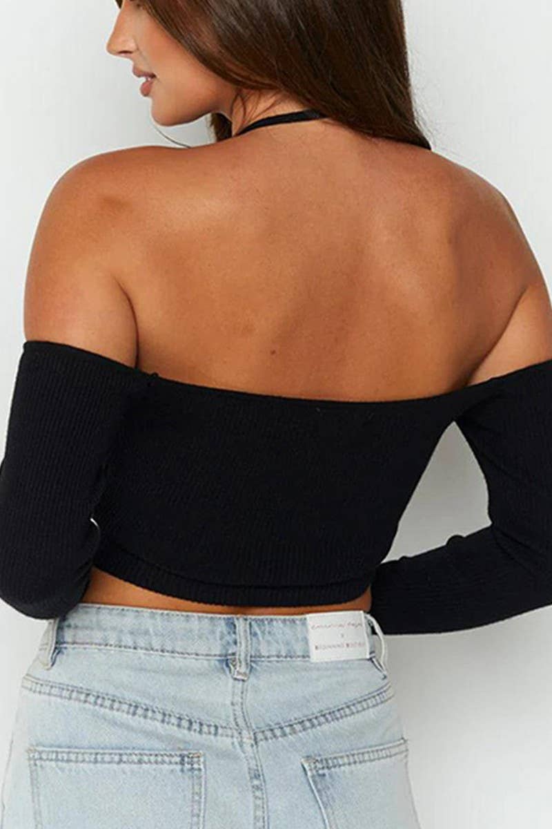 CWTHT0198_OFF THE SHOULDER HALTERNECK LONG SLEEVED TOP