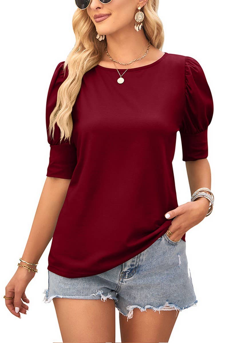 CWTBLS1601_ROUND NECK SOLID COLOR LOOSE SHORT SLEEVE TOP