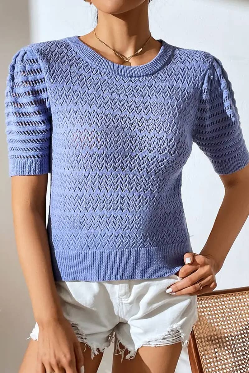 CWTBLS1766_SPRING AND SUMMER HOLLOW SOLID COLOR PULLOVER TOP