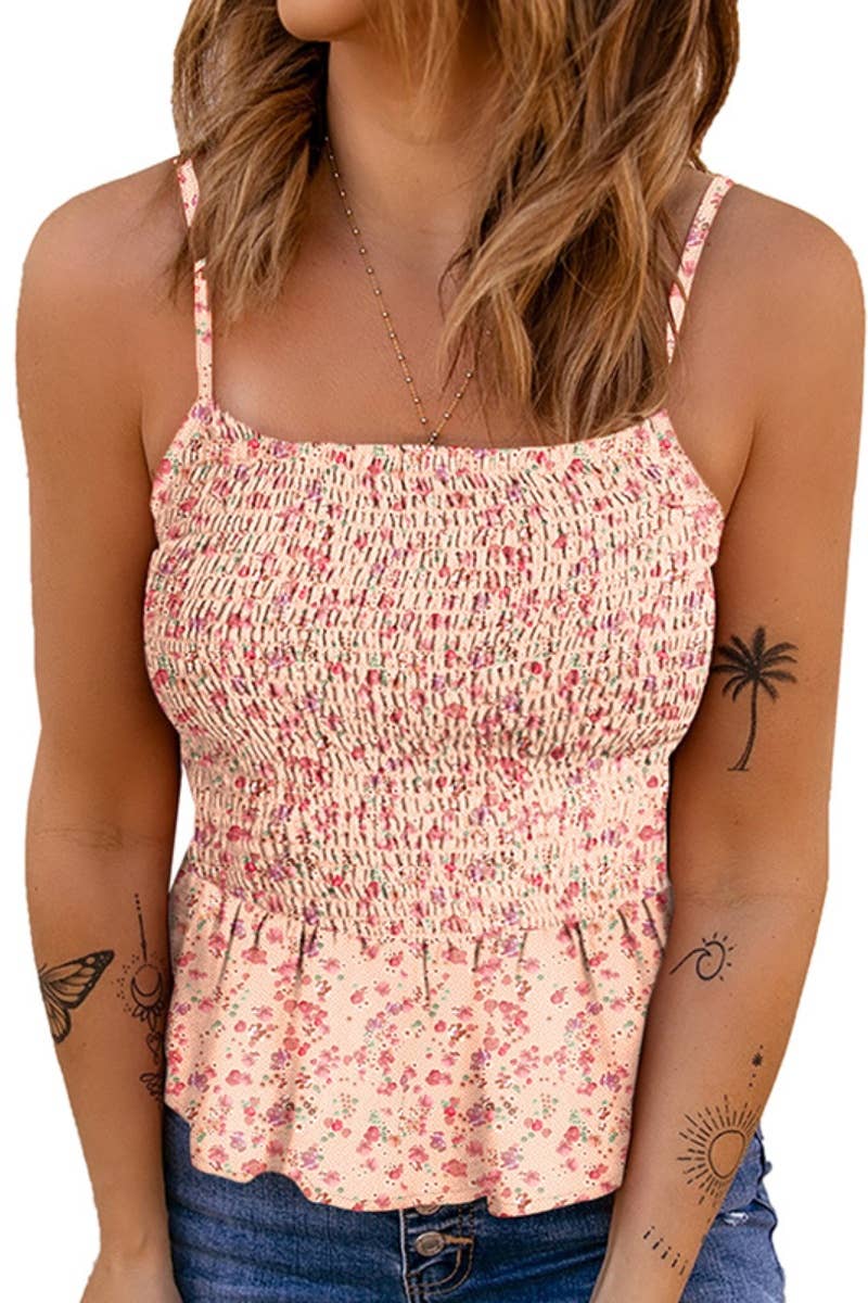 CWOV0419_FLORAL SLEEVELESS PLEATED SLIM-FIT HALTER TOP