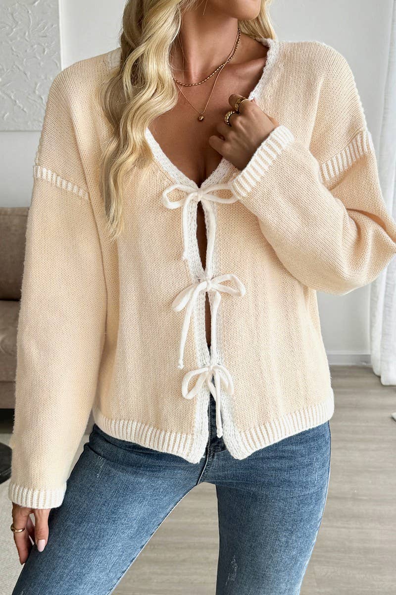 CWOCAL00592_COLORBLOCK TIE FRONT KNIT CARDIGAN SWEATER