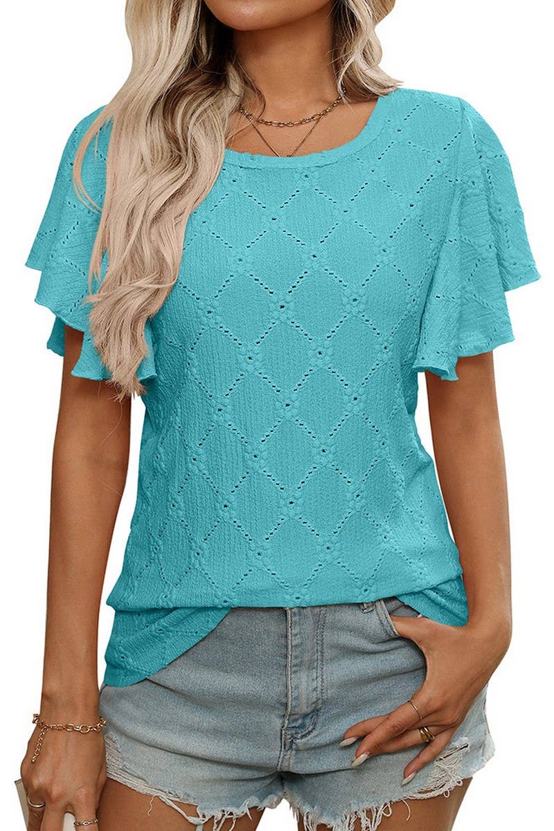 CWTTS1371_SUMMER FLOWER HOLLOW LOTUS SLEEVE CASUAL TOP