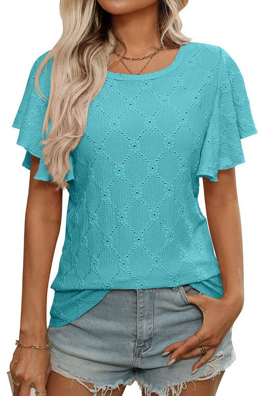 CWTTS1371_SUMMER FLOWER HOLLOW LOTUS SLEEVE CASUAL TOP