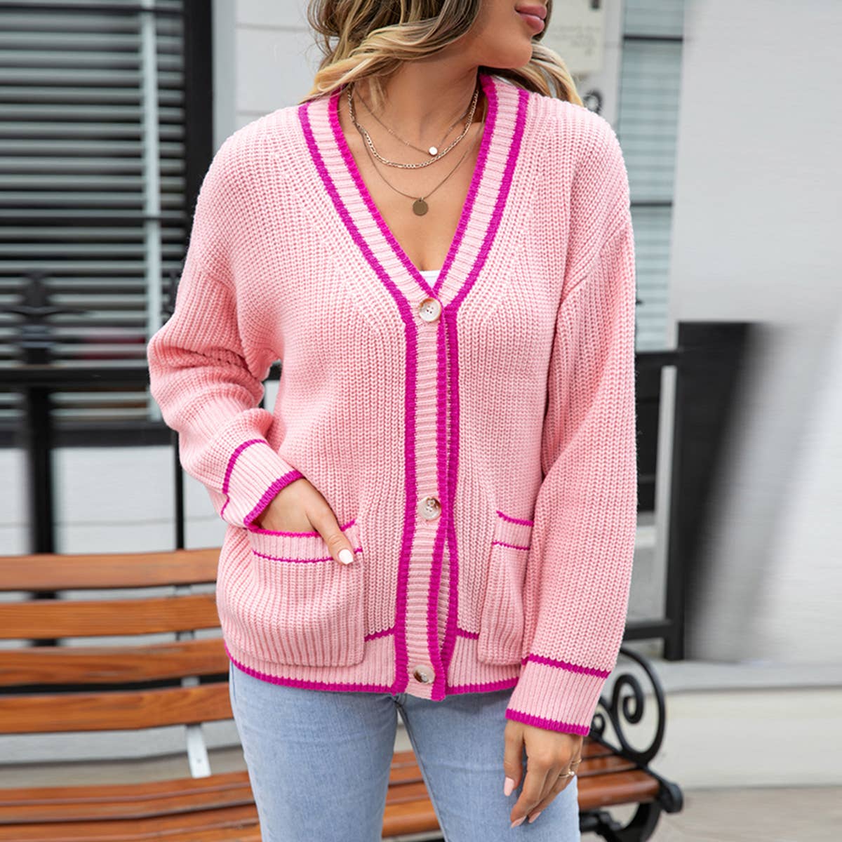 COLOR MATCHING POCKET COAT V-NECK SWEATER LADY