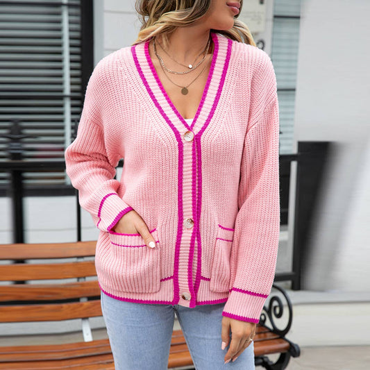 COLOR MATCHING POCKET COAT V-NECK SWEATER LADY
