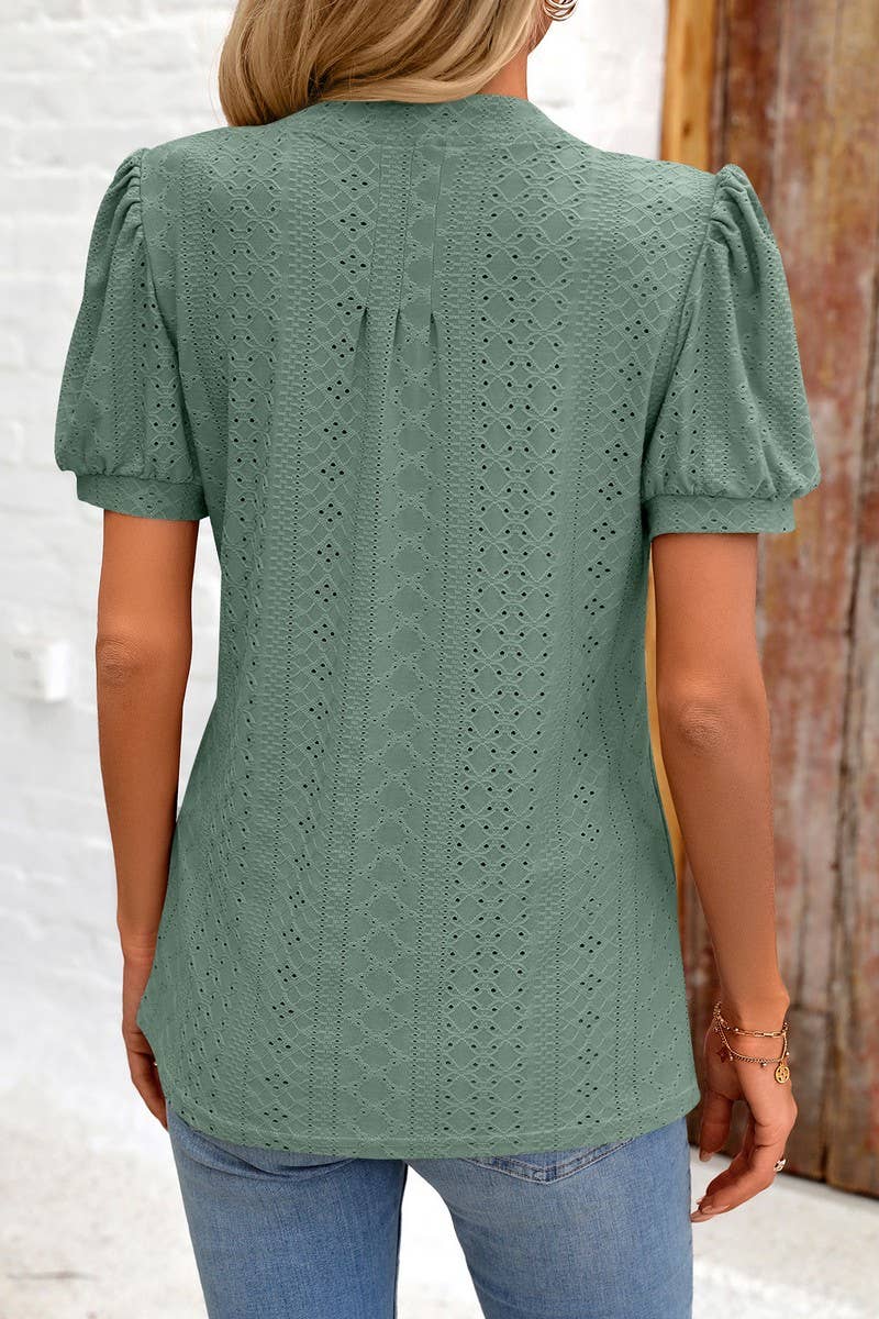 CWTBLS0794_SOLID COLOR V NECK LOOSE SHORT SLEEVED TOP