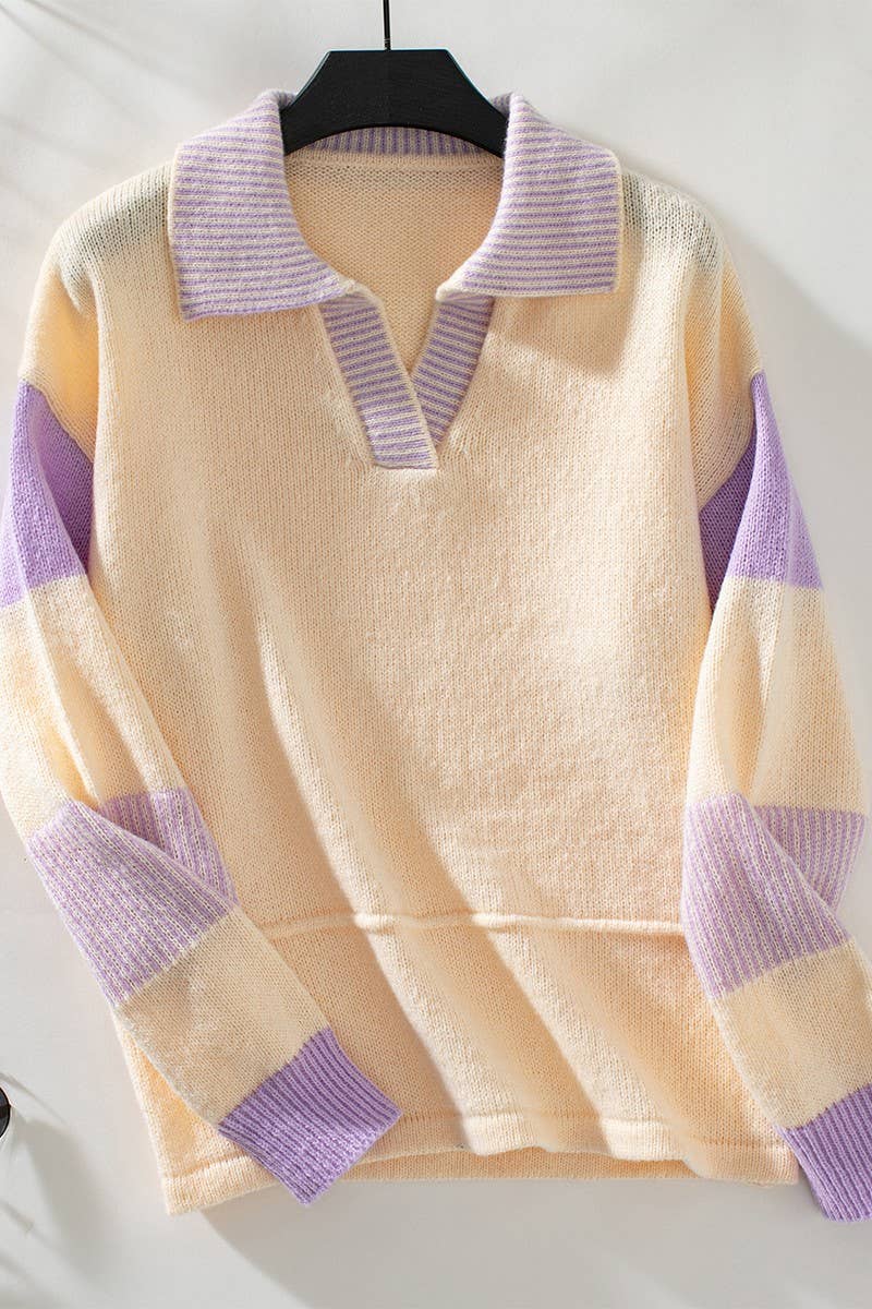 CWOSWL2868_STRIPED POLO COLLAR KNITTED SWEATER