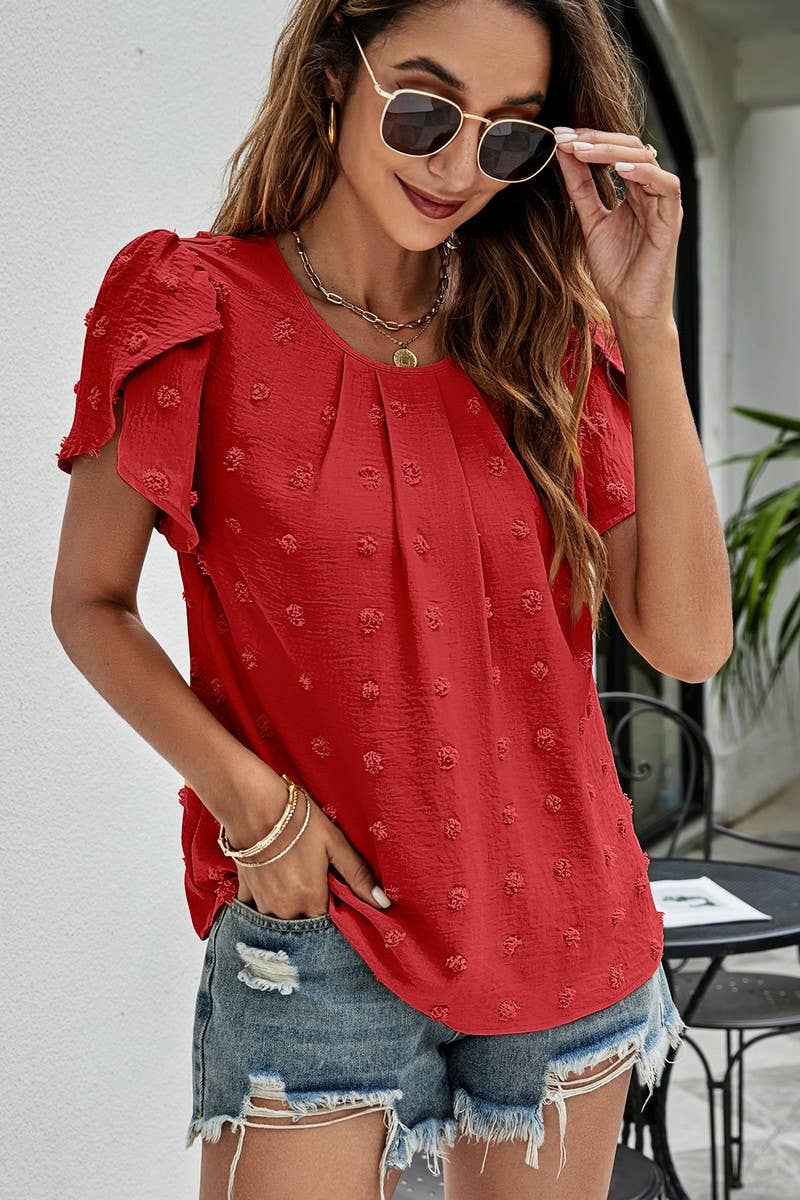CWTBLS0342_Round neck Short Puff Sleeve Blouse