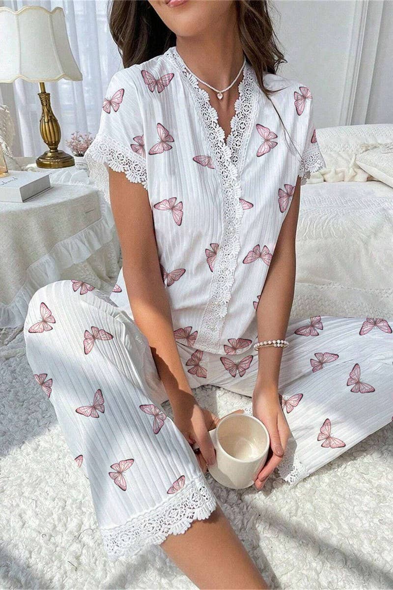 CWSPJ00468_CHERRY PRINT LACE TRIM SHORT SLEEVE PAJAMA SET