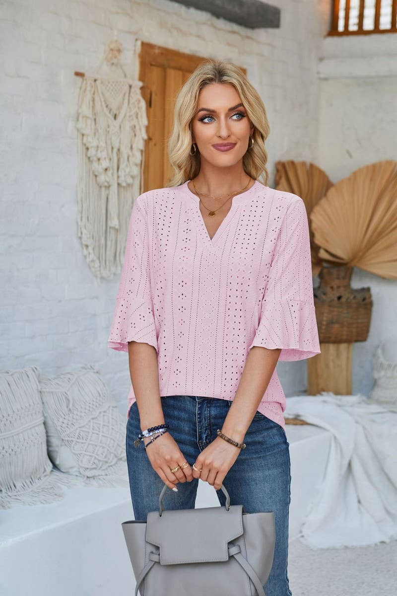 CWTTS00711_LOOSE V-NECK THREE-QUARTER SLEEVE TOP