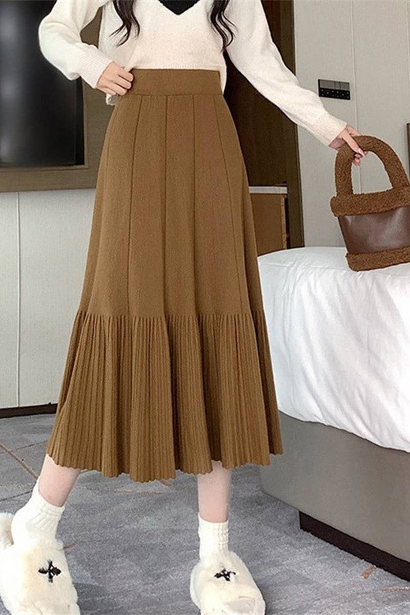 CWBLS0298_SOLID COLOR HIGH WAIST PLEATED KNITTED SKIRT