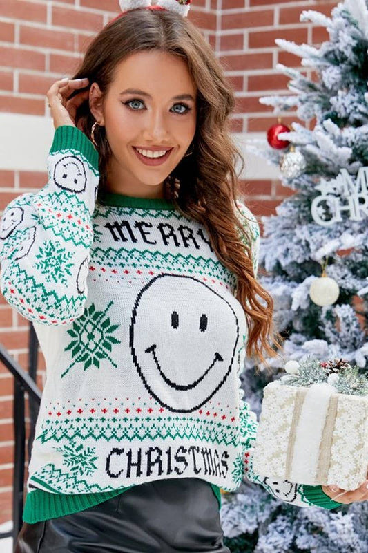 CWOSWL2486_SMILEY CHRISTMAS KNITTED SWEATER PULLOVER