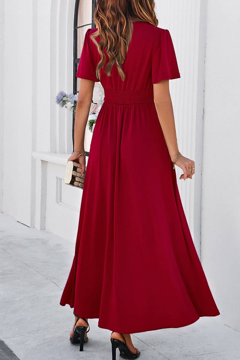 CWDMD1333_V-Neck Short Ruffle Sleeve Maxi Dress