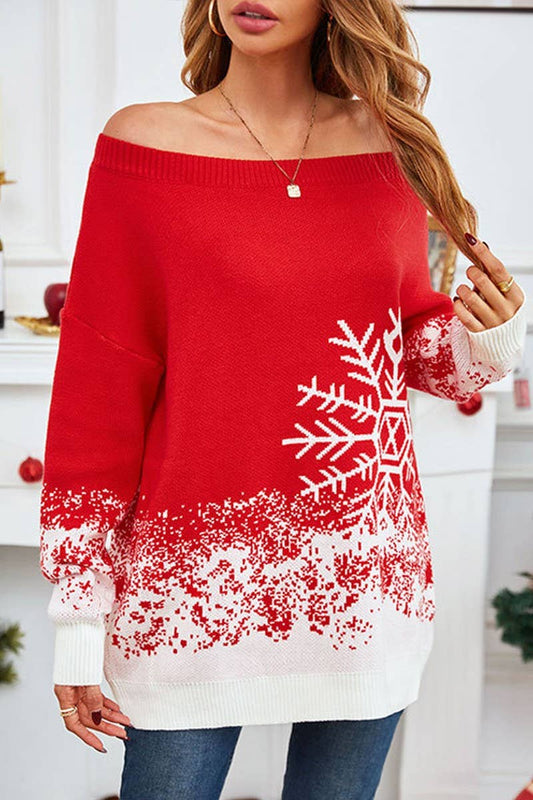 CWOSWL5980_OFF SHOULDER SNOWFLAKE CHRISTMAS KNIT SWEATER