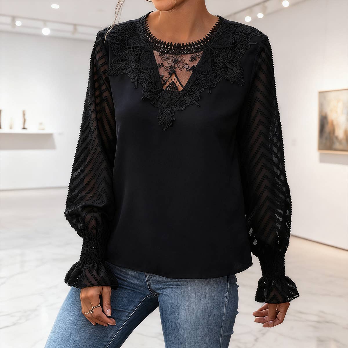 Flared sleeved lace patchwork solid-color shirt