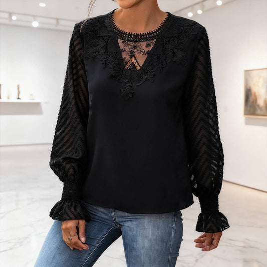 Flared sleeved lace patchwork solid-color shirt