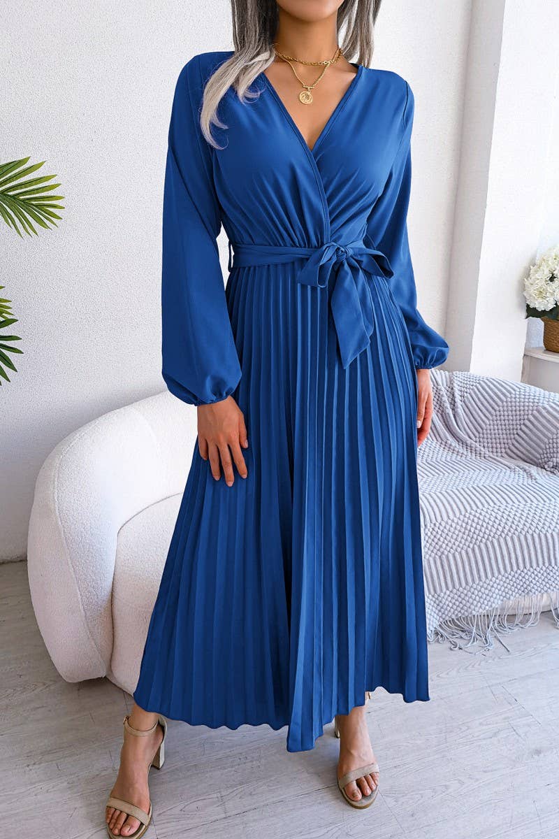 CROSSOVER V NECK PLEATED MAXI DRESS_CWDMD1174