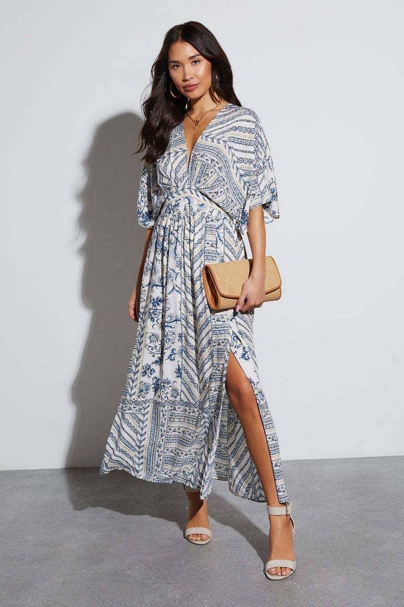 CWDMD5517_FLORAL V NECK SHORT SLEEVE MAXI DRESS