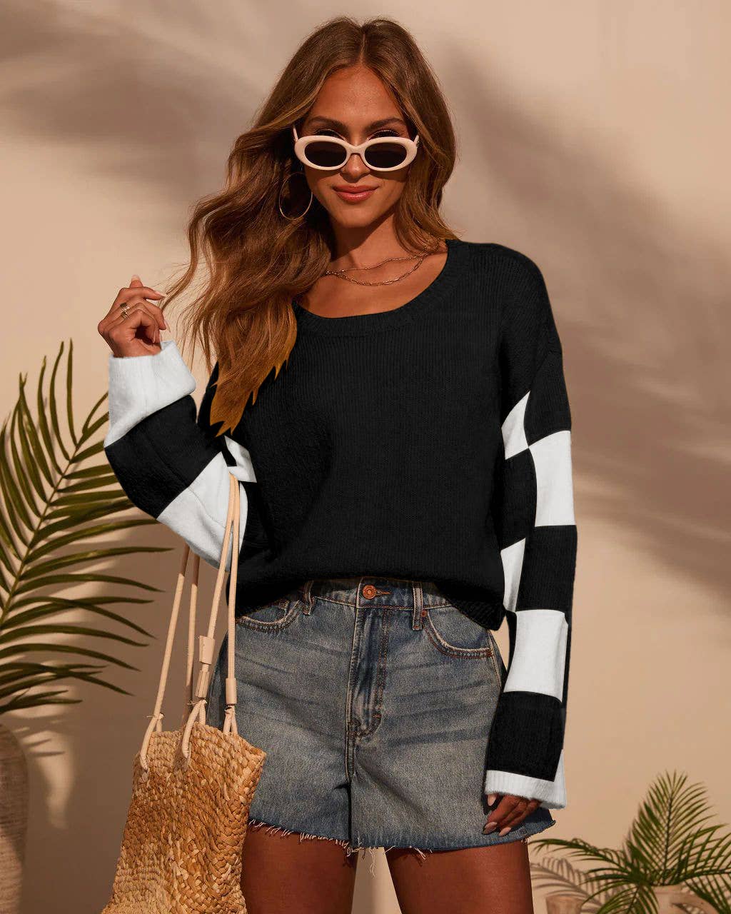 Fashionable color-blocking long-sleeved sweater