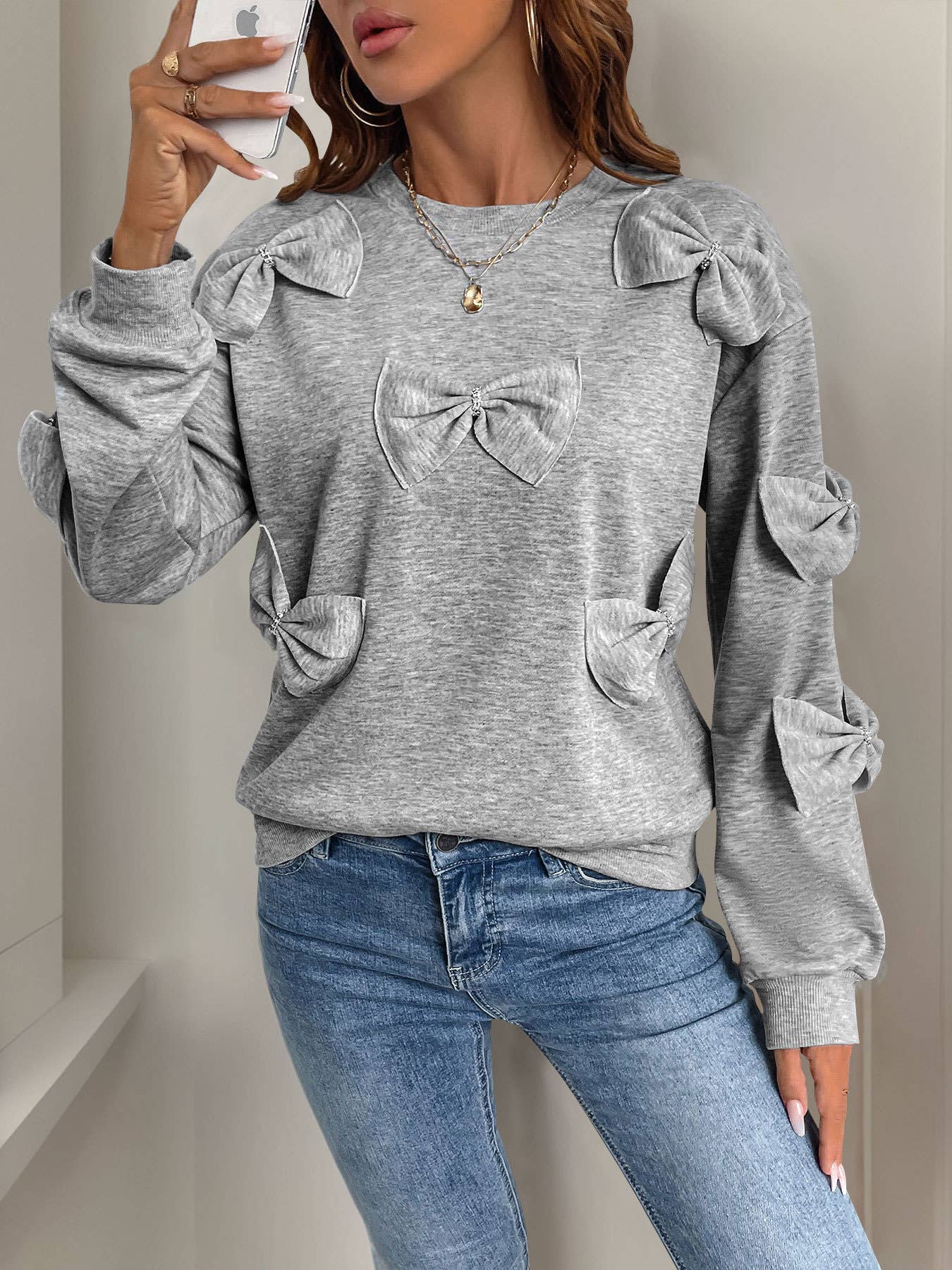 BOW SPLICING SOLID COLOR ROUND NECK HOODIE
