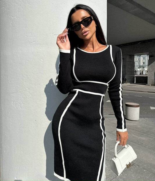 CREW NECK LONG SLEEVE PATCHWORK COLOR DRESS