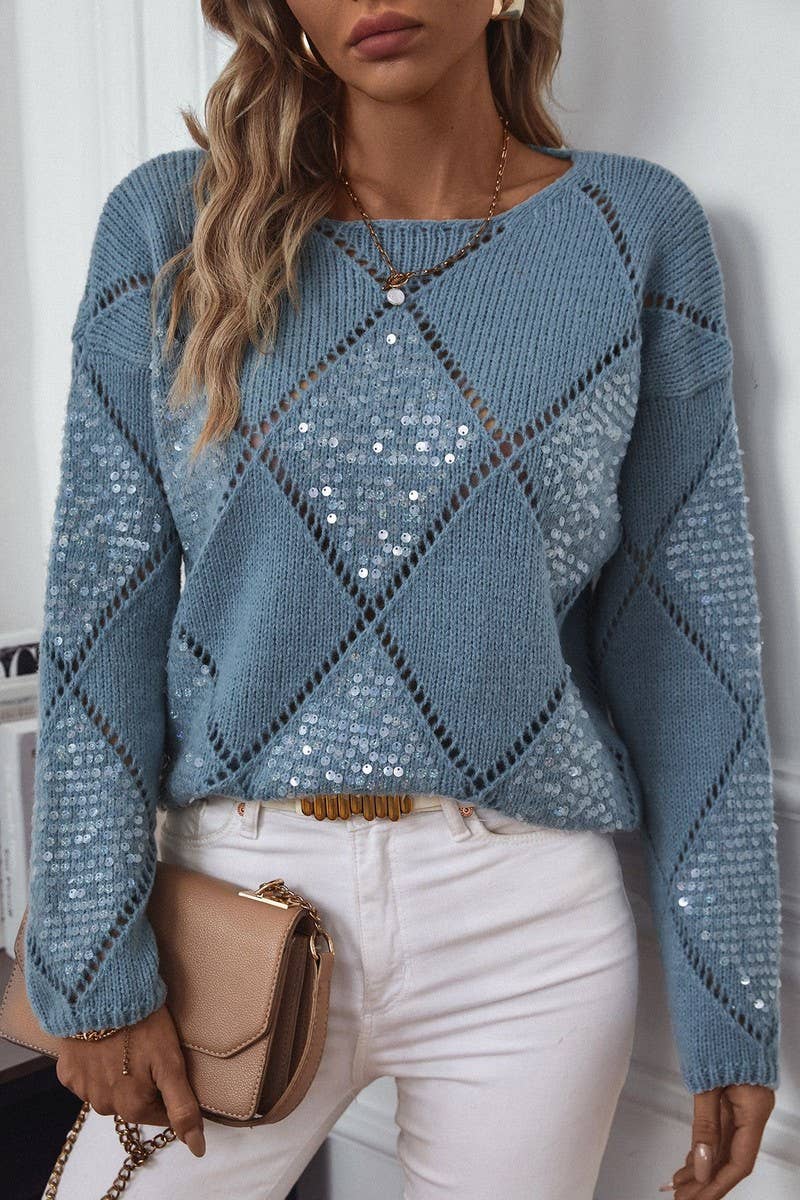 CWOSWL2812_PULLOVER HOLLOW SEQUIN KNIT SWEATER