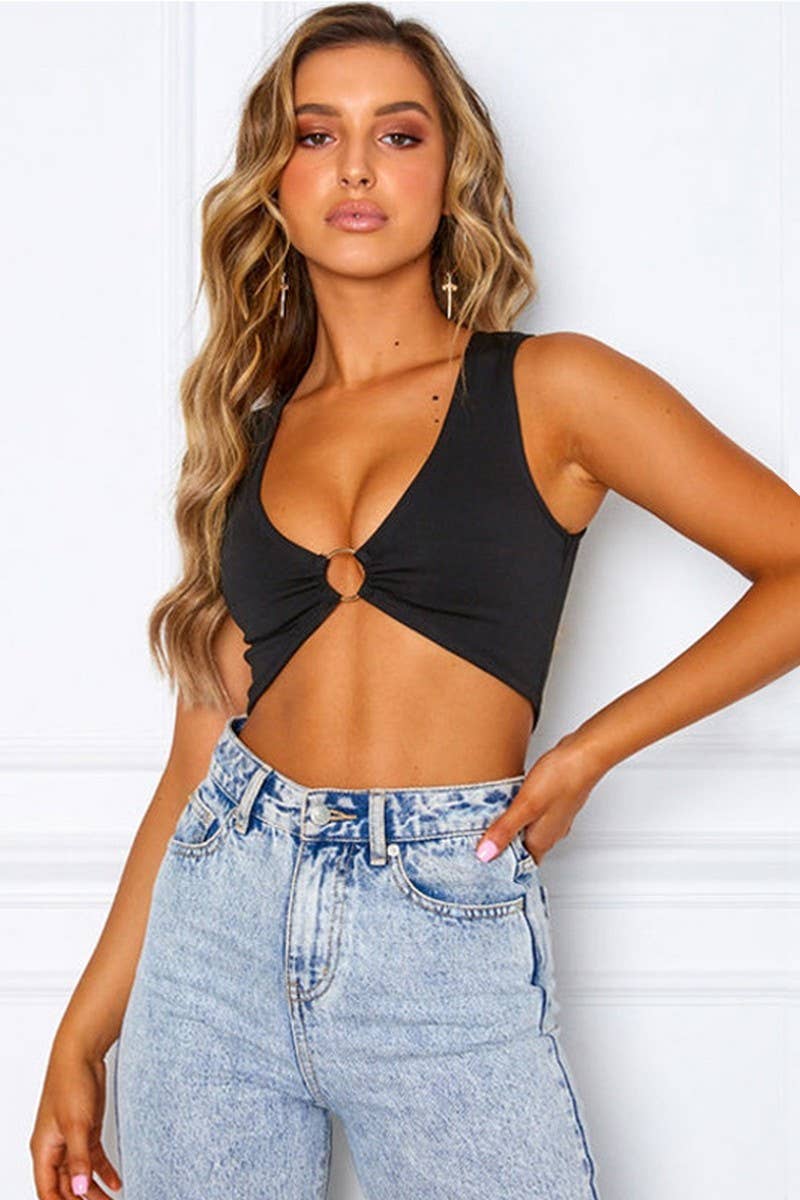 CWTTK0824_SOLID COLOR HOLLOW NAVEL-BARING V-NECK VEST