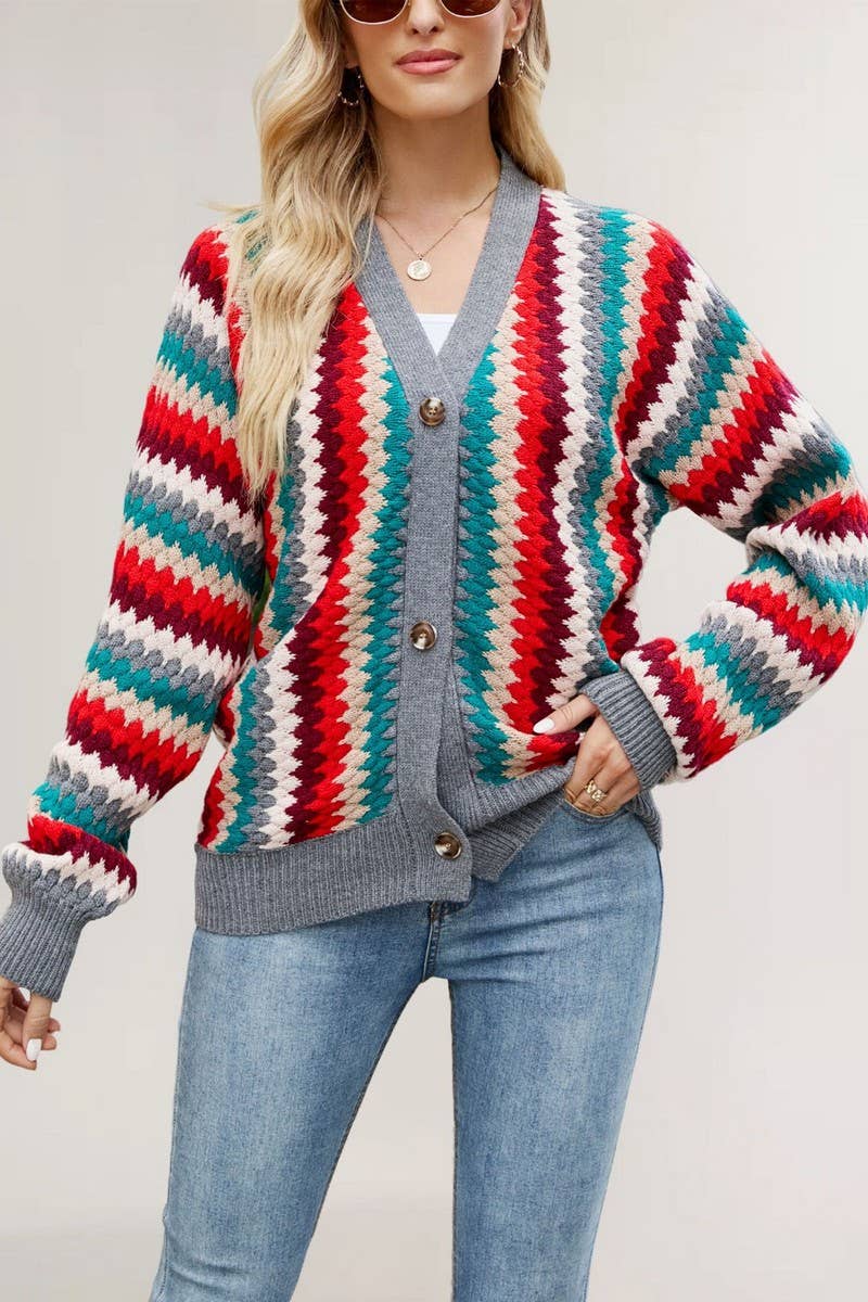 CWOCAL2268_AUTUMN AND WINTER STRIPED V-NECK KNITTED JACKET