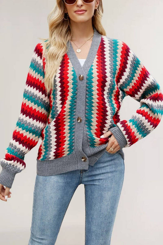 CWOCAL2268_AUTUMN AND WINTER STRIPED V-NECK KNITTED JACKET