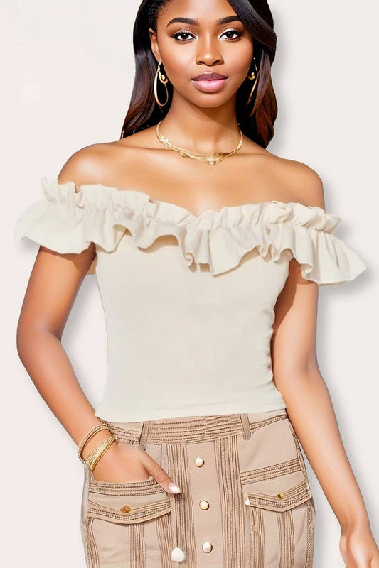 CWTBLS1911_OFF SHOULDER RUFFLE TRIM SOLID COLOR TOP