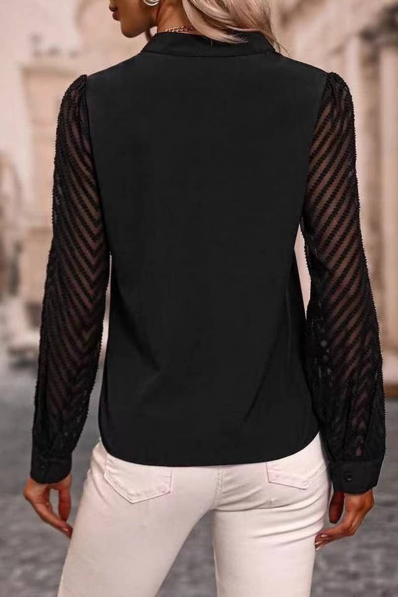 CWTBLL3879_V-NECK LACE PANEL LONG-SLEEVED SHIRT