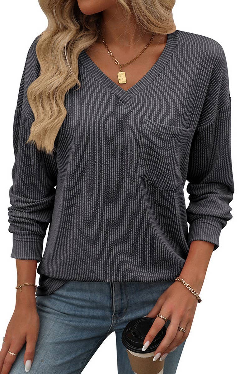 CWTBLL1506_V-NECK COLORBLOCK TWIST LONG-SLEEVED T-SHIRT