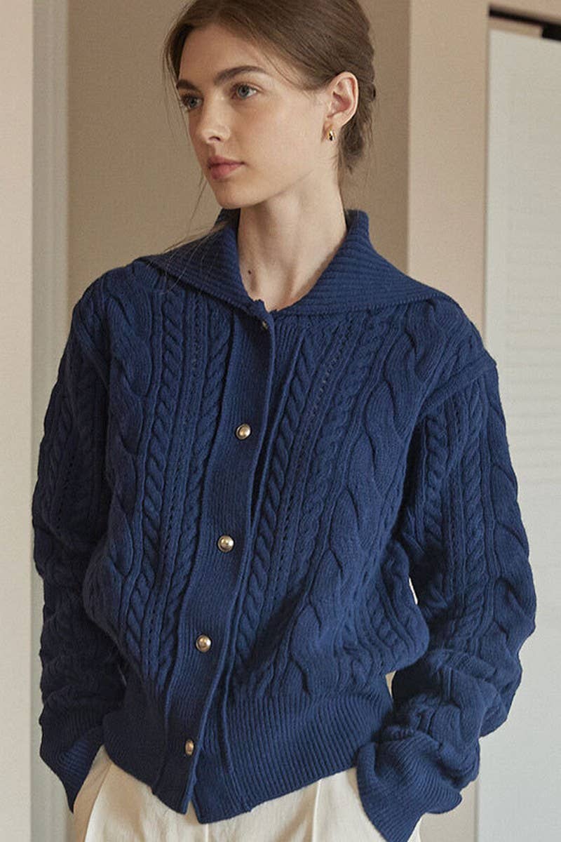 CWOCAL1812_NAVY COLLAR LONG SLEEVE TWIST BUTTON CARDIGAN