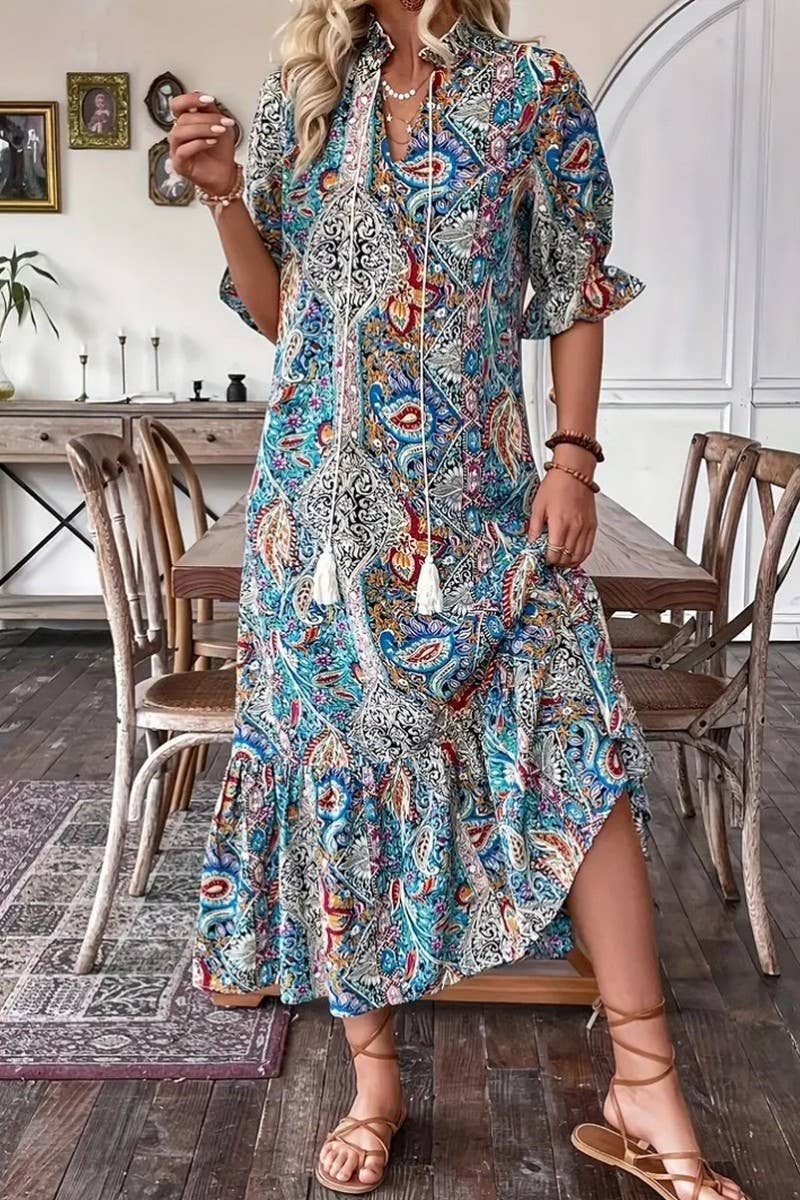 CWDMD4101_PRINTED ELBOW SLEEVE TIE-TIE RUFFLE DRESS