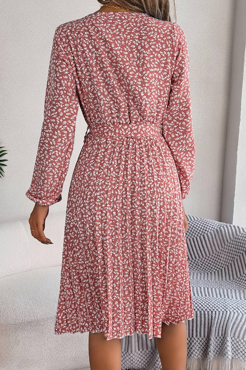 CWDSD4657_LONG-SLEEVED FLORAL PLEATED ONE-PIECE SKIRT