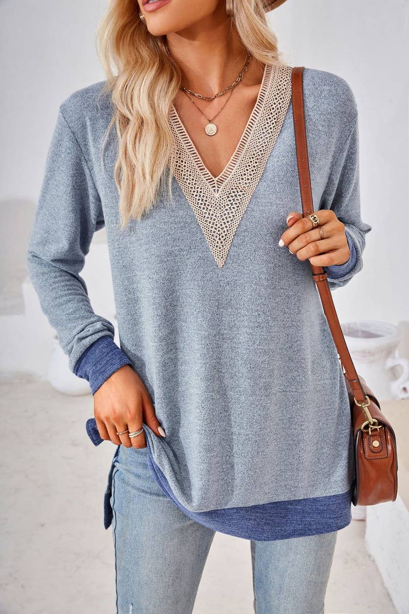 CWTBLL3660_AUTUMN NEW V-NECK LACE SOLID COLOR LOOSE T-SHIRT