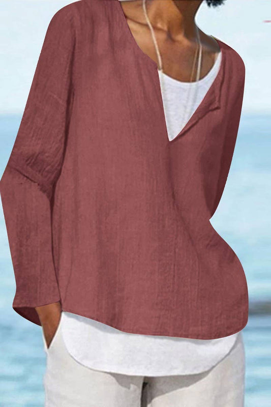 CWTTL01005_V-NECK SOLID COLOR LONG-SLEEVED WOMEN'S SHIRT