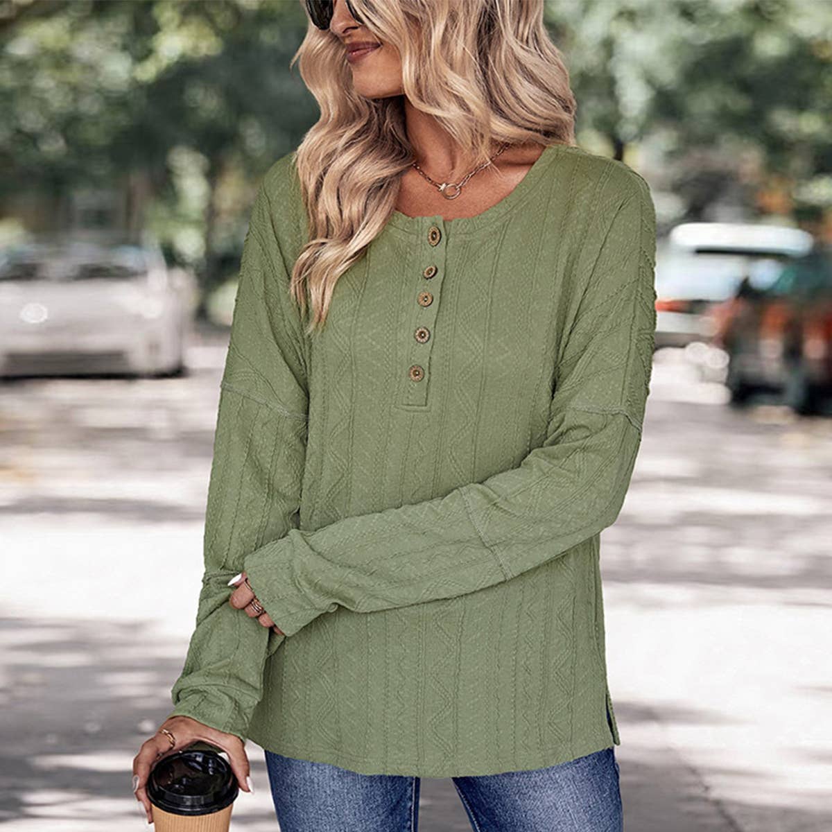 BUTTON UP T-SHIRT JACQUARD KNIT TOP