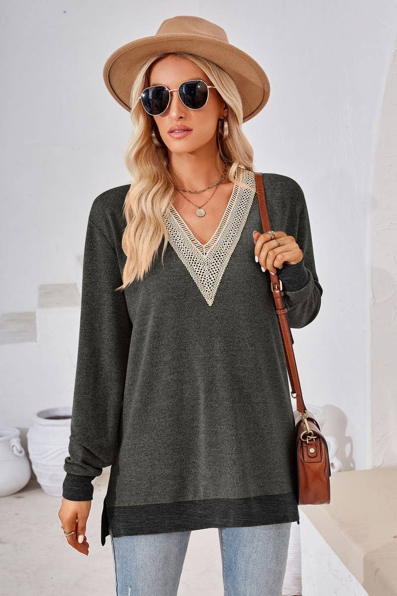CWTBLL3660_AUTUMN NEW V-NECK LACE SOLID COLOR LOOSE T-SHIRT