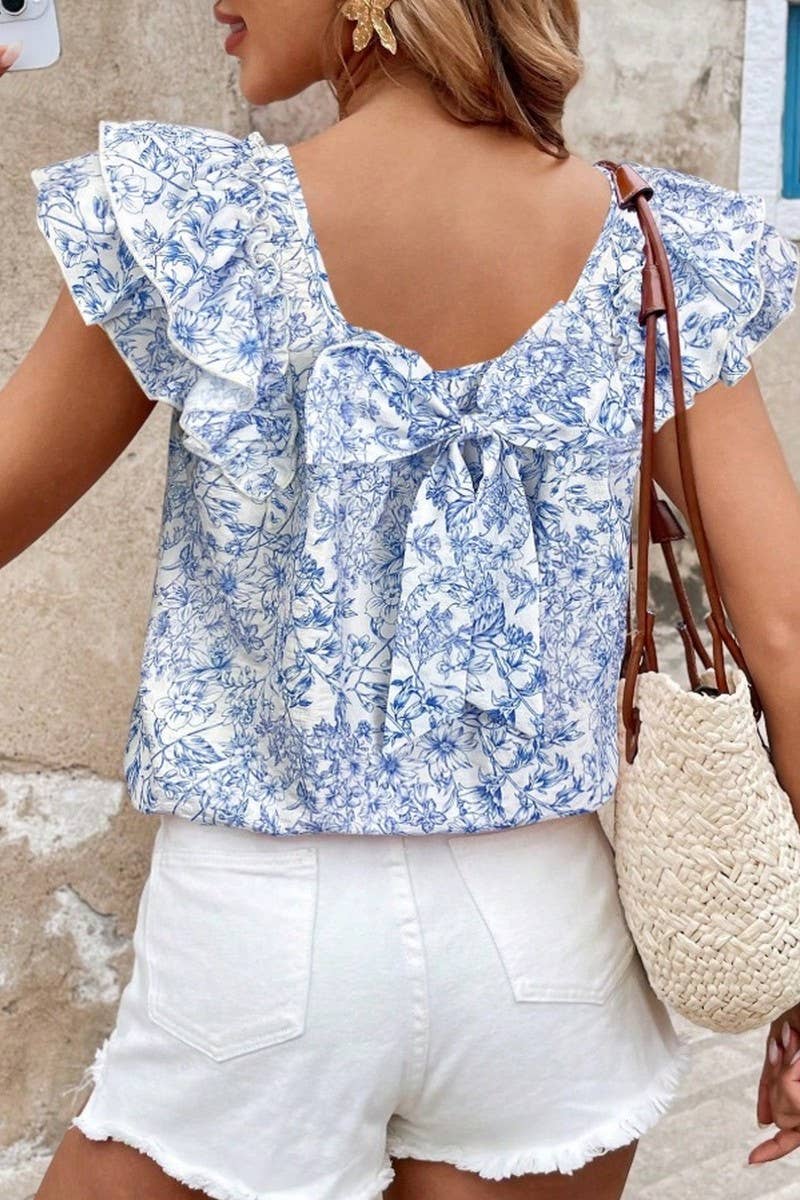 CWTBLS2268_PRINTED BOW BACK LAYERED RUFFLE SLEEVE SHIRT
