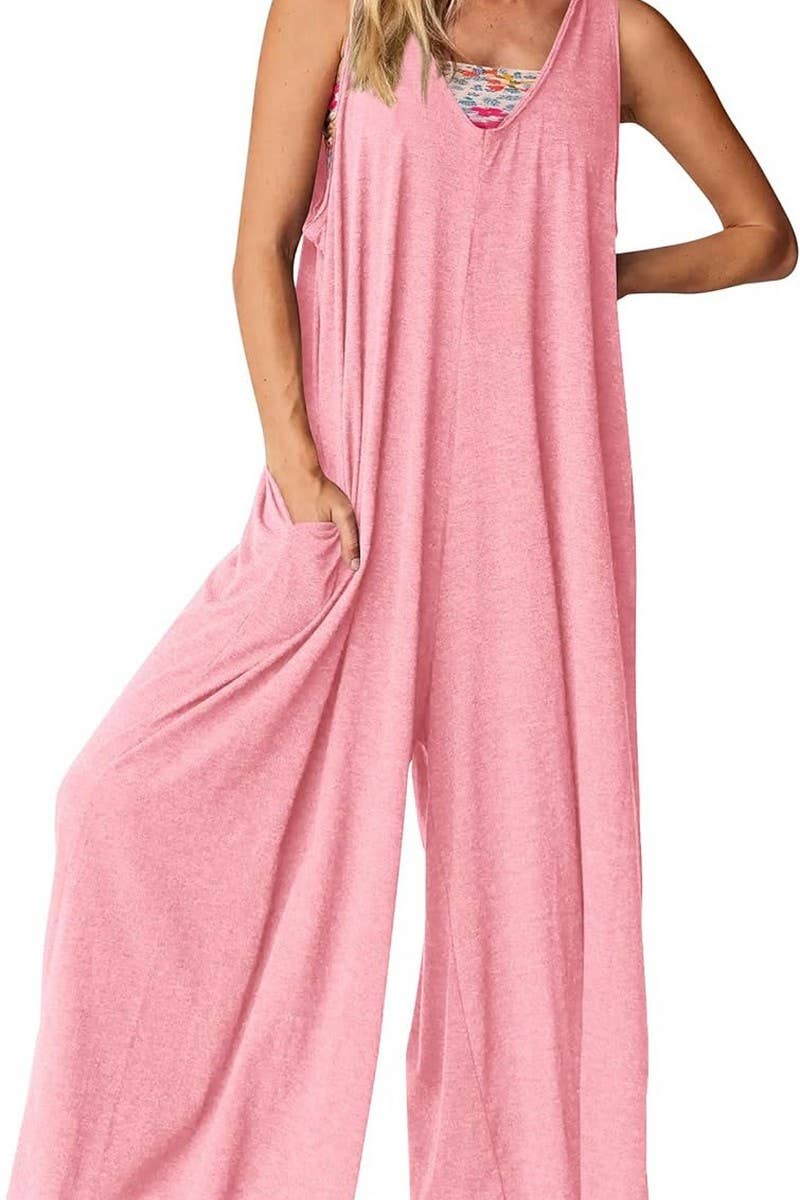 CWSJS00260_LOOSE SLEEVELESS VEST V-NECK WIDE-LEG JUMPSUIT